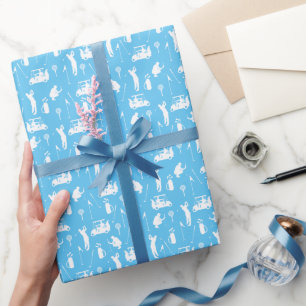 Golfer and golf cart on blue background wrapping paper