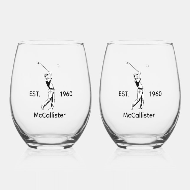 Golfer and Personalised name and year Stemless Wine Glass (Front)