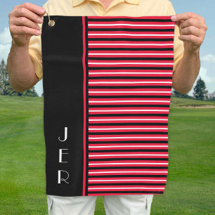 Golfer Custom Initials   Black Red Modern Stripes Golf Towel
