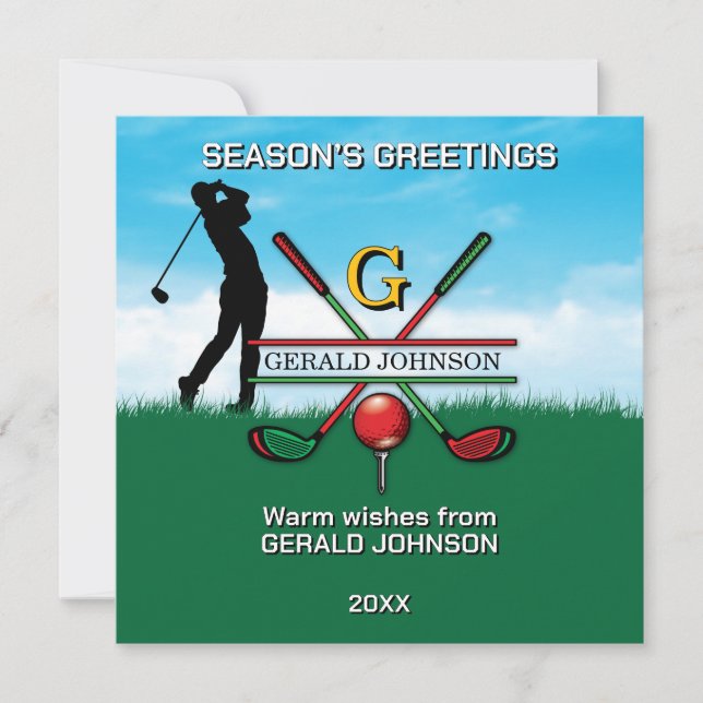 Golfer Customised Christmas Monogram Design Holiday Card (Front)