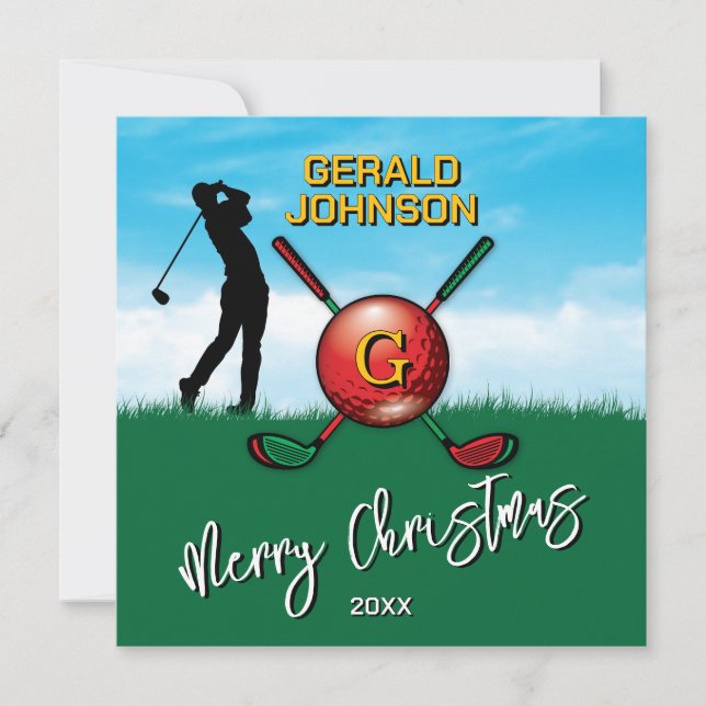 Golfer Customised Christmas Monogram Design Holiday Card (Front)