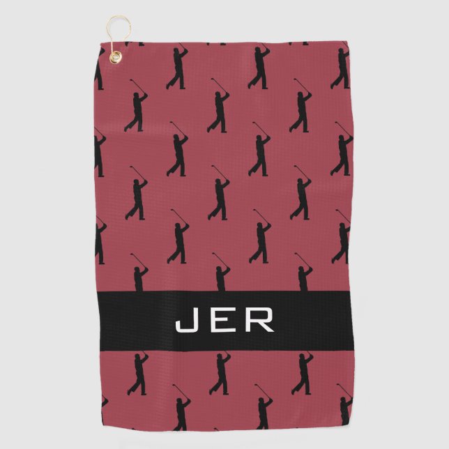 Golfer Customised Monogrammed Pattern Red Black Golf Towel (Front)