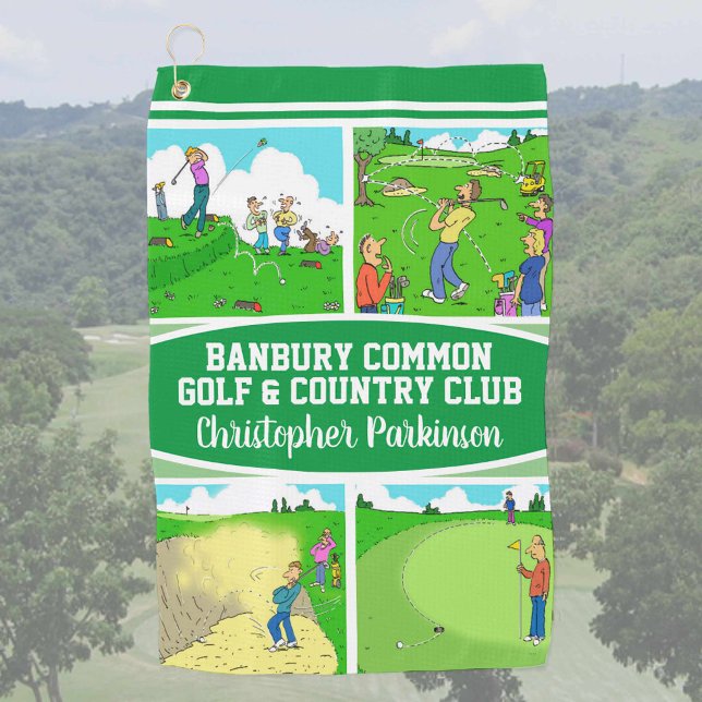 Golfer & Golf Club Name with 4 Funny Cartoons Golf Towel (Creator Uploaded)