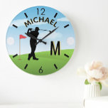 Golfer Golf Course Custom Name 3-D Monogram   Large Clock<br><div class="desc">A custom unique golf lover's wall clock-- tastefully done -- ready to run the course -- scenic - golfer in action - and personalize with a custom two-tone monogram as well and their name as well. This is a great gift for all gentlemen golf lovers -- fun / attractive /...</div>