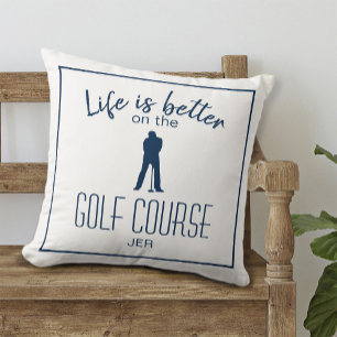 Golfer Golf Course Quote Monogrammed White Blue Cushion