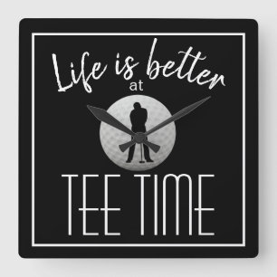 Golfer Golf Course Tee Time Black White Square Wall Clock