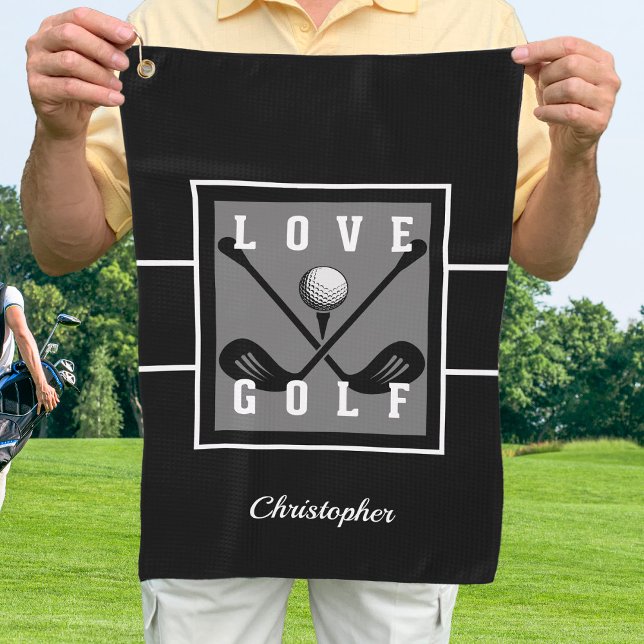 Golfer Golf Quote Modern Monogram Pro Black Grey Golf Towel (Creator Uploaded)