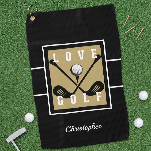 Golfer Golf Quote Modern Monogram Pro Gold Black Towel (Creator Uploaded)