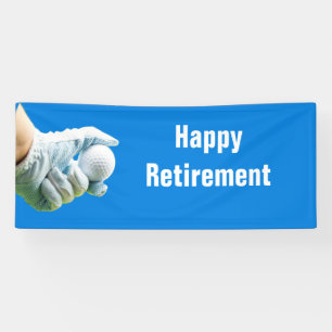 Golfer hand holds golf ball on blue banner