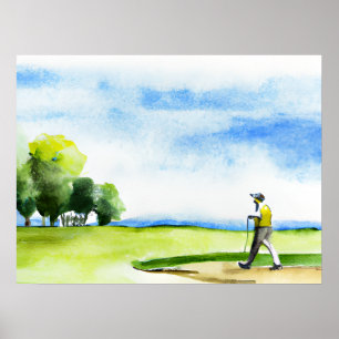 Golfer in golf course watercolor poster