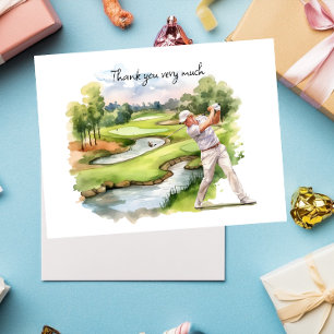 Golfer in golf course watercolor thank you card