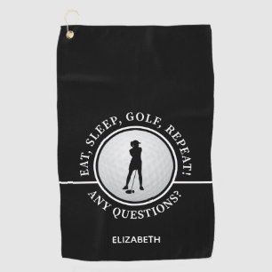 Golfer Lady Silhouette Golf Ball Quote Black White Golf Towel