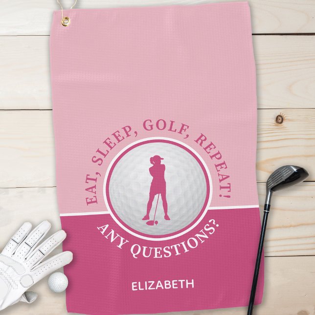 Golfer Lady Silhouette Golf Ball Quote Chic Pink Golf Towel (Creator Uploaded)
