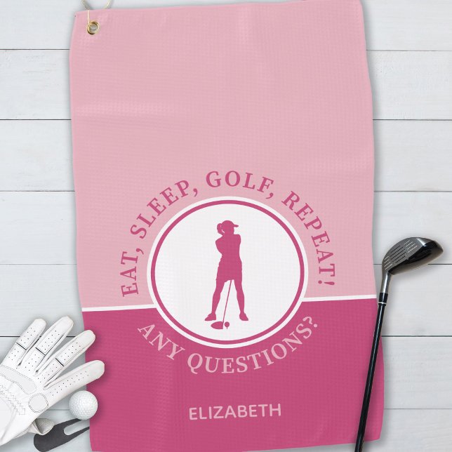 Golfer Lady Silhouette Sports Girly Pink For Her Golf Towel (Creator Uploaded)