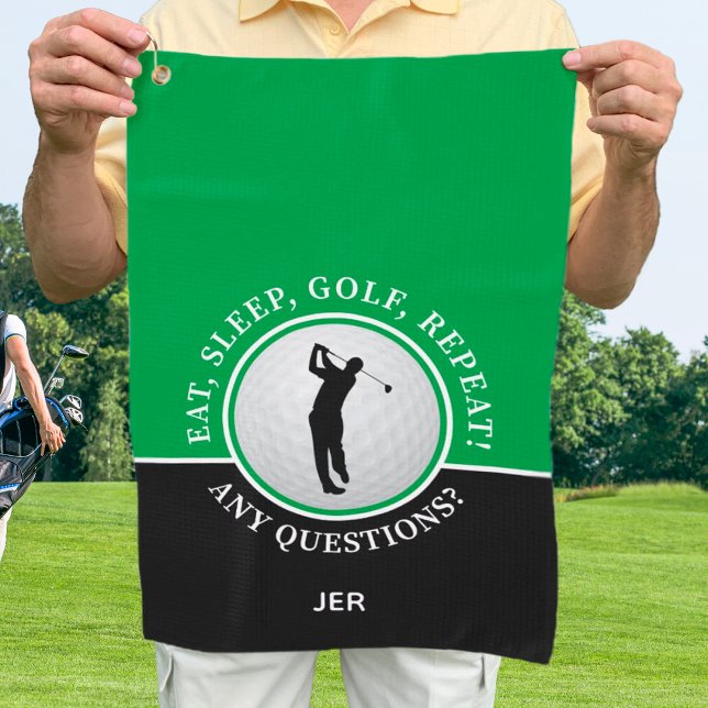 Golfer Male Silhouette Golf Ball Quote Green Black Golf Towel (Golfer Male Silhouette Golf Ball Quote Green Black Golf Towel)