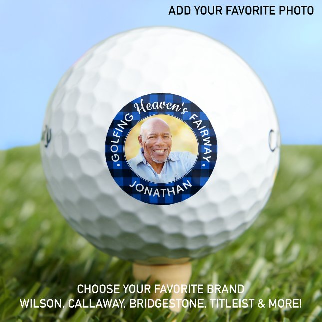 Golfer Memorial Blue Plaid Personalised Photo Golf Balls (Creator Uploaded)