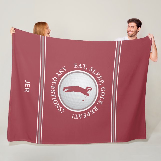 Golfer Modern Sports Monogram Golf Ball Red Grey Fleece Blanket (In Situ)