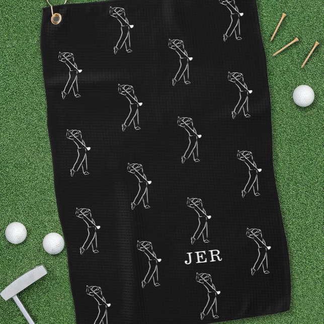 Golfer Monogram Pro Sports Equipment Black White Golf Towel (Creator Uploaded)