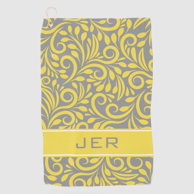 Golfer | Monogrammed Abstract Pattern Yellow Grey Golf Towel (Front)