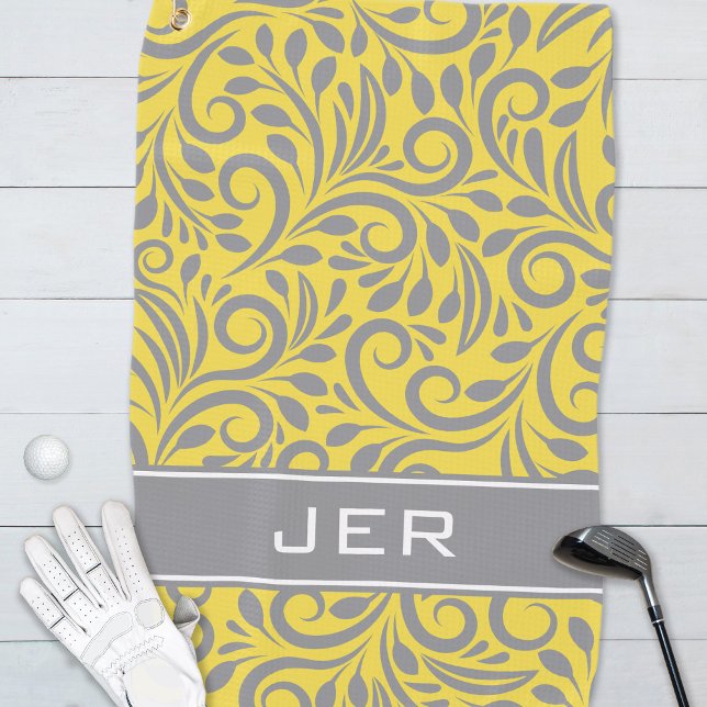 Golfer | Monogrammed Abstract Pattern Yellow Grey Golf Towel (Creator Uploaded)