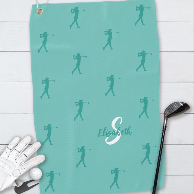 Golfer Monogrammed Pro Sports Equipment Teal Green Golf Towel (Creator Uploaded)