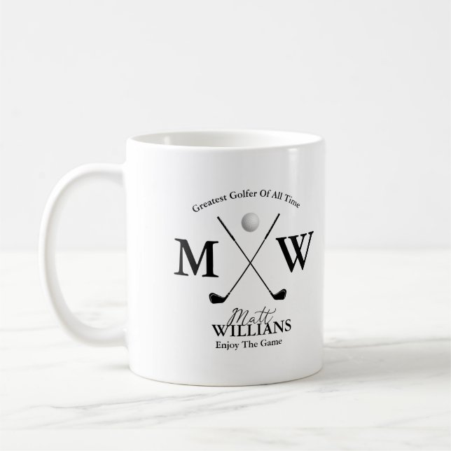Golfer Name Black Monogram on White Coffee Mug (Left)