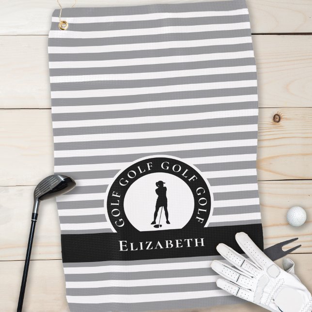 Golfer Name Female Silhouette Grey Black Monogram Golf Towel (Golfer Name Female Silhouette Gray Black Monogram Golf Towel)