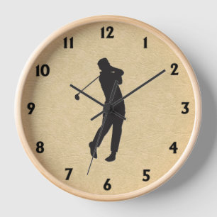 Golfer on Leather Look Black Numbers Square Wall C Clock