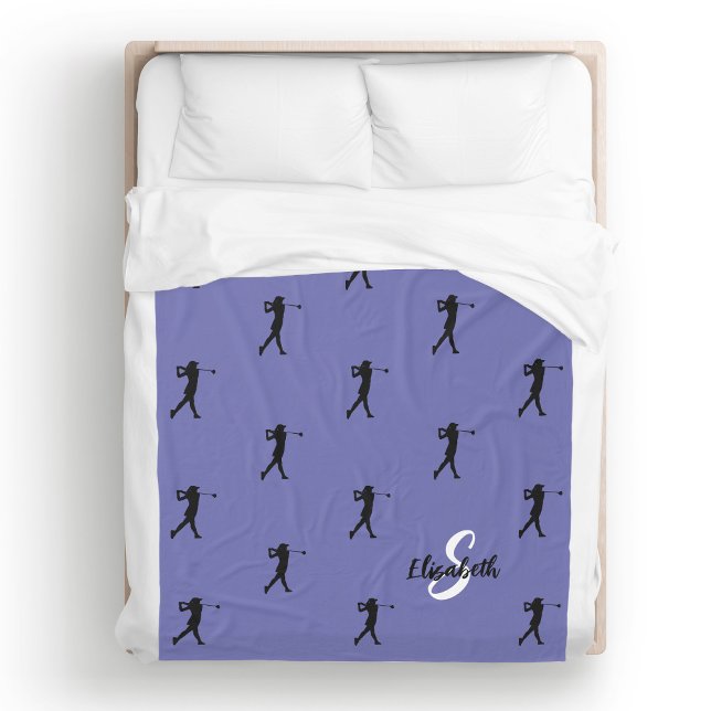 Golfer Pattern Monogrammed Periwinkle Blue Fleece  (Golfer Pattern Monogrammed Name & Initial Periwinkle Blue Fleece Blanket Unique Golf Gift For Her)