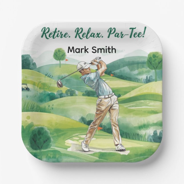 Golfer retirement par tee party golfing on course paper plate (Front)