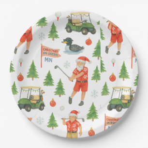 Golfer Santa Claus Golfing in Minnesota on Green Paper Plate