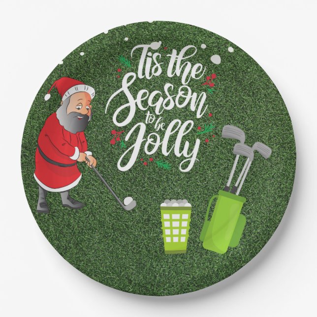 Golfer Santa Claus is golfing under snow Christmas Paper Plate (Front)
