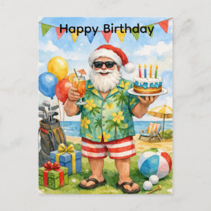 Golfer Santa Hat hold Birthday Cake in Party Postcard