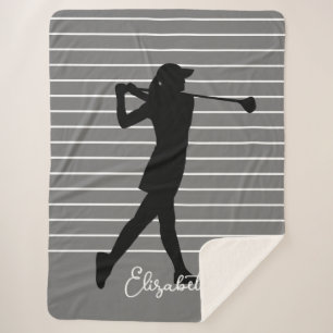 Golfer Silhouette Female Monogram Name Black Gray  Sherpa Blanket