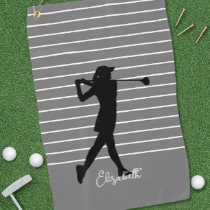 Golfer Silhouette Monogrammed Name Black Grey  Golf Towel