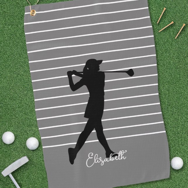 Golfer Silhouette Monogrammed Name Black Grey  Golf Towel (Creator Uploaded)