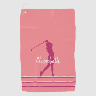 Golfer Silhouette Monogrammed Name Coral Pink  Golf Towel