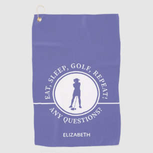 Golfer Silhouette Sports Periwinkle Blue Funny Golf Towel