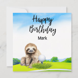 Golfer sloth is golfing on green birthday card