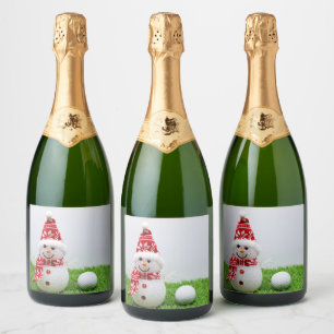 Golfer Snowman with golf ball on Christmas Holiday Sparkling Wine Label