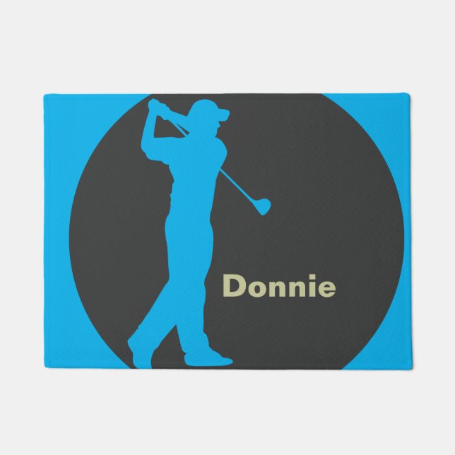 Golfer Swinging Club Green Khaki Golf Personalized Doormat (Front)