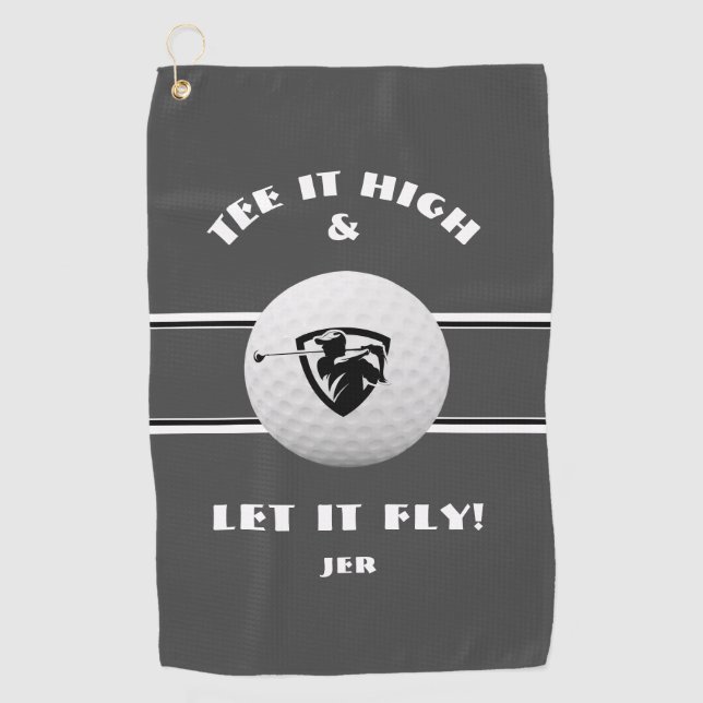 Golfer Tee It High Monogrammed Grey Sports Player Golf Towel (Front)