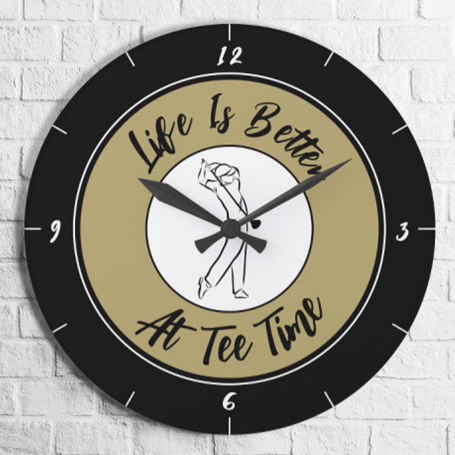 Golfer Tee Time Humor Funny Golf Sport Black Gold  Large Clock (Creator Uploaded)