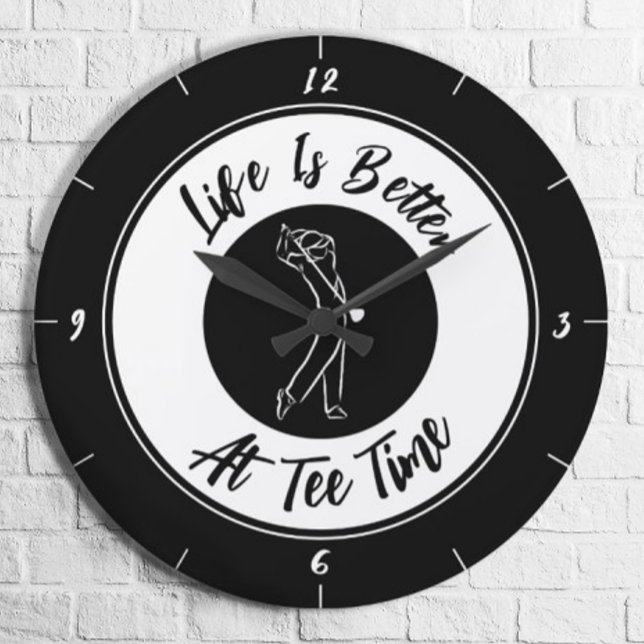 Golfer Tee Time Humor Funny Golf Sport Black White Large Clock (Creator Uploaded)