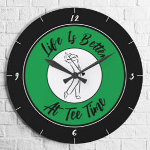 Golfer Tee Time Humour Funny Golf Sport Black Gree Large Clock