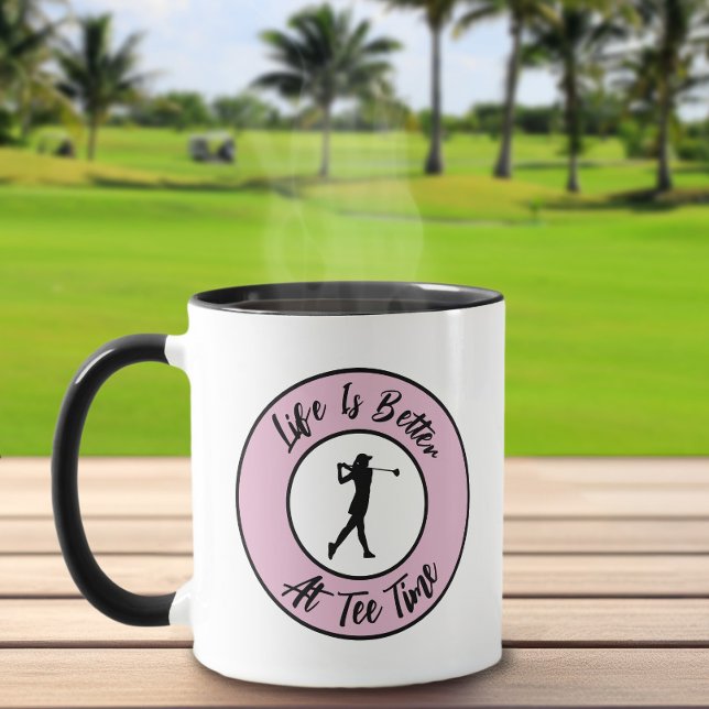 Golfer Tee Time Sports Humour Funny Pun Pink Black Mug (Cute Golfer Tee Time Sports Humor Funny Pun Pink Black Mug For Her)