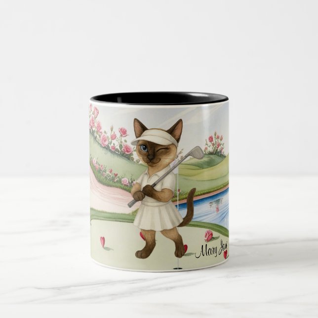 Golfer themed Woman Bachelorette Bride Cat Lovers Two-Tone Coffee Mug (Center)