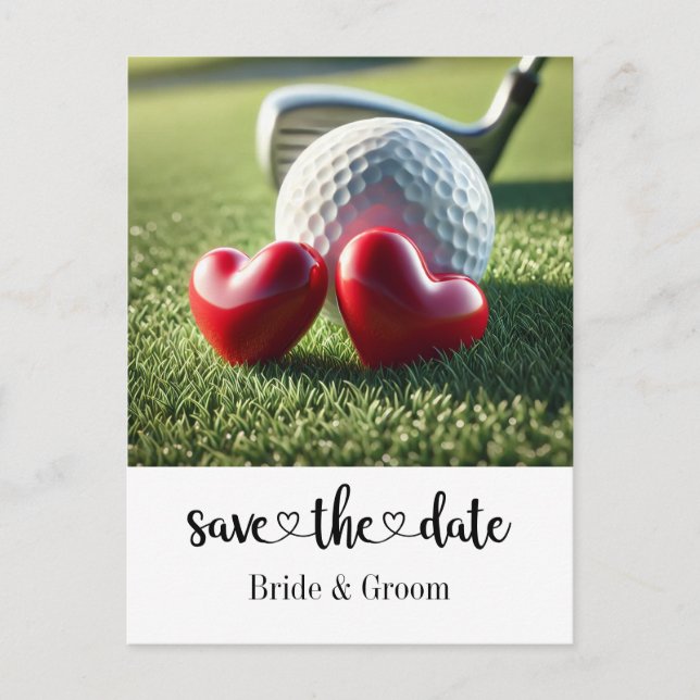 Golfer Wedding Invitation with golf ball on green Postcard (Front)