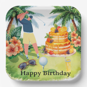 Golfer with cake on golf course for birthday paper plate