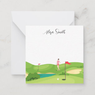 Golfer Woman is on green grass in golf course Card